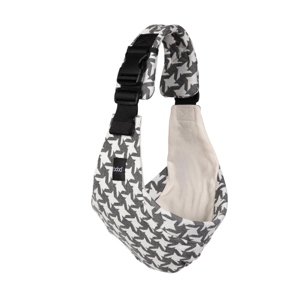 Gray herringbone patterned Toddler Side Sling with beige interior on a white background