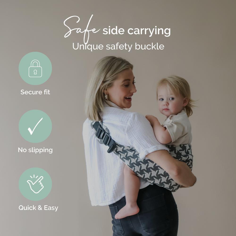 Woman carrying a child using a toddler Boba Buddy carrier assist carrier with text highlighting safety features on a beige background.
