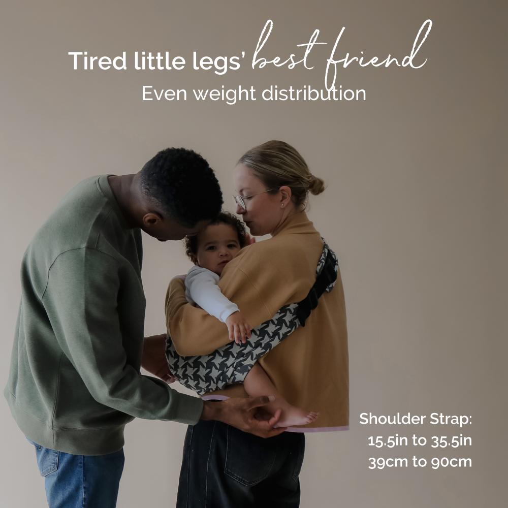 Two adults holding a child in a baby carrier with text about weight distribution and shoulder strap length.