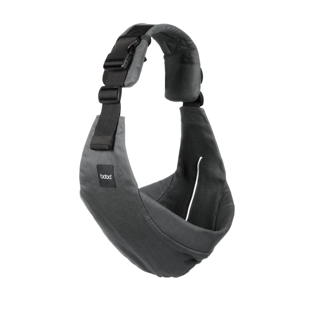 Gray Boba Buddy hip carrier with black straps on a white background