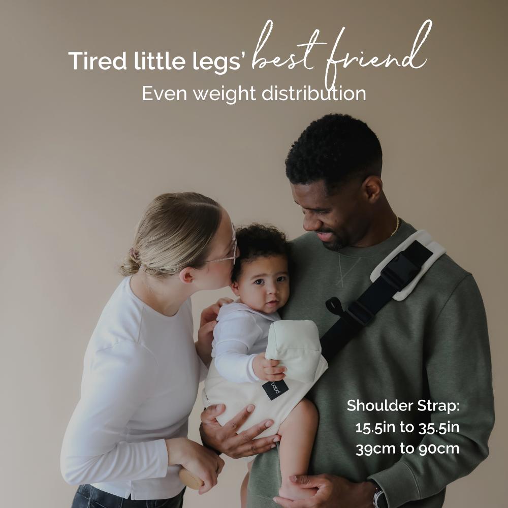 Family using a baby carrier with text about weight distribution and strap length.