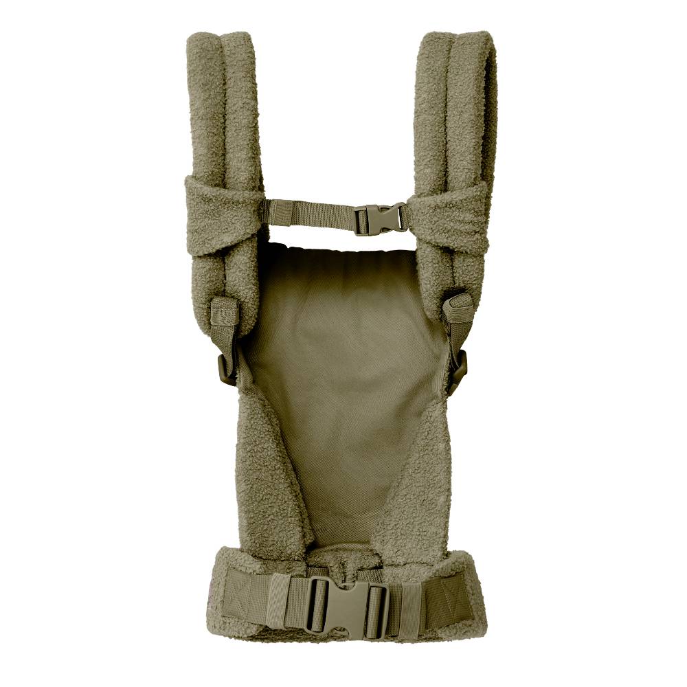 Khaki baby carrier with straps on a white background