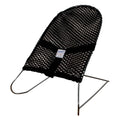 Black coloured baby bouncer against white background.