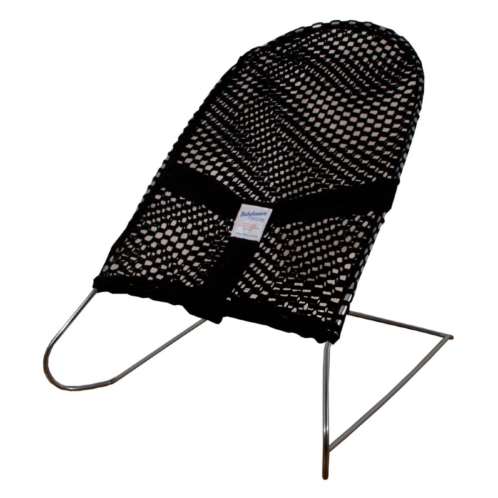 Black coloured baby bouncer against white background.