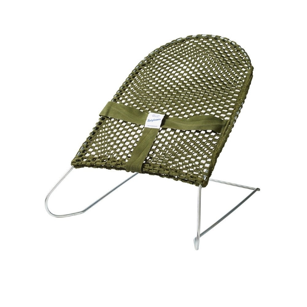 Olive coloured baby bouncer on white background. 