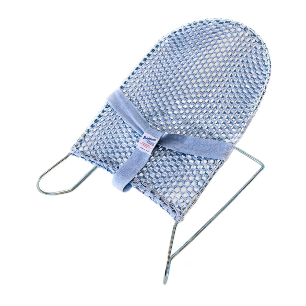 Blue coloured baby bouncer on white background.
