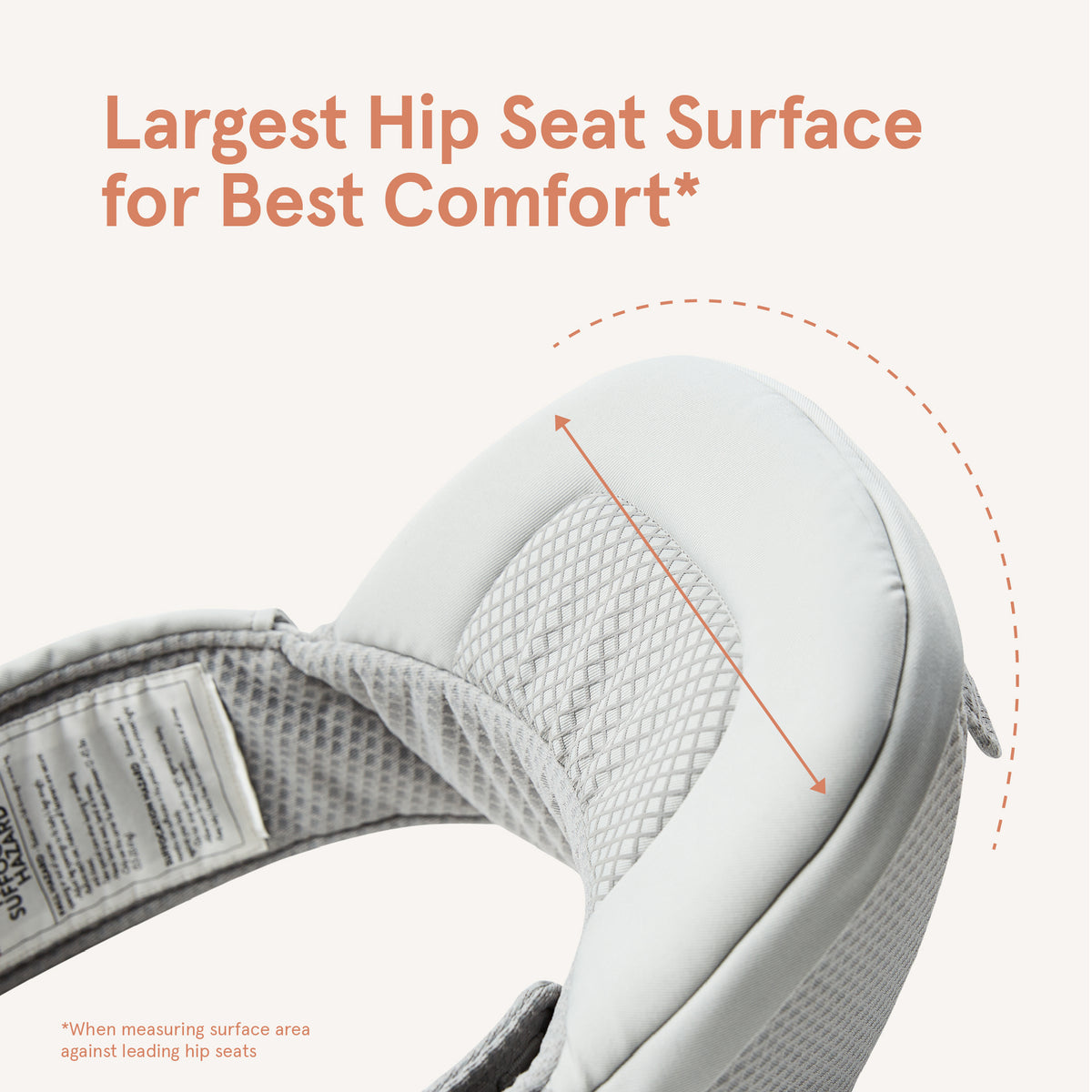 Close-up of a baby seat with text highlighting 'Largest Hip Seat Surface for Best Comfort'.