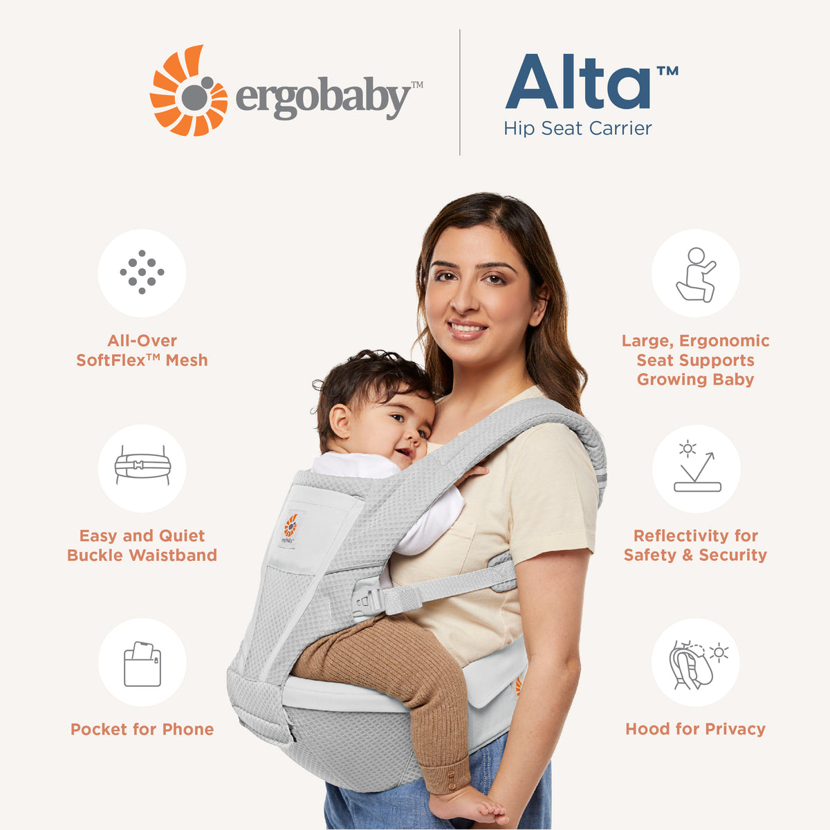 Ergobaby Alta Hip Seat Carrier with a woman holding a child on a white background