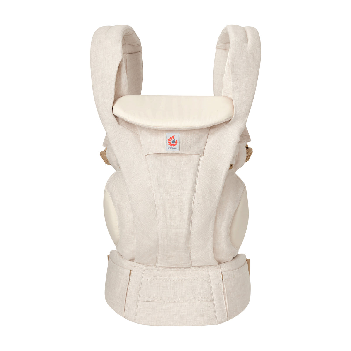A natural cream linen baby carrier on a white background. 