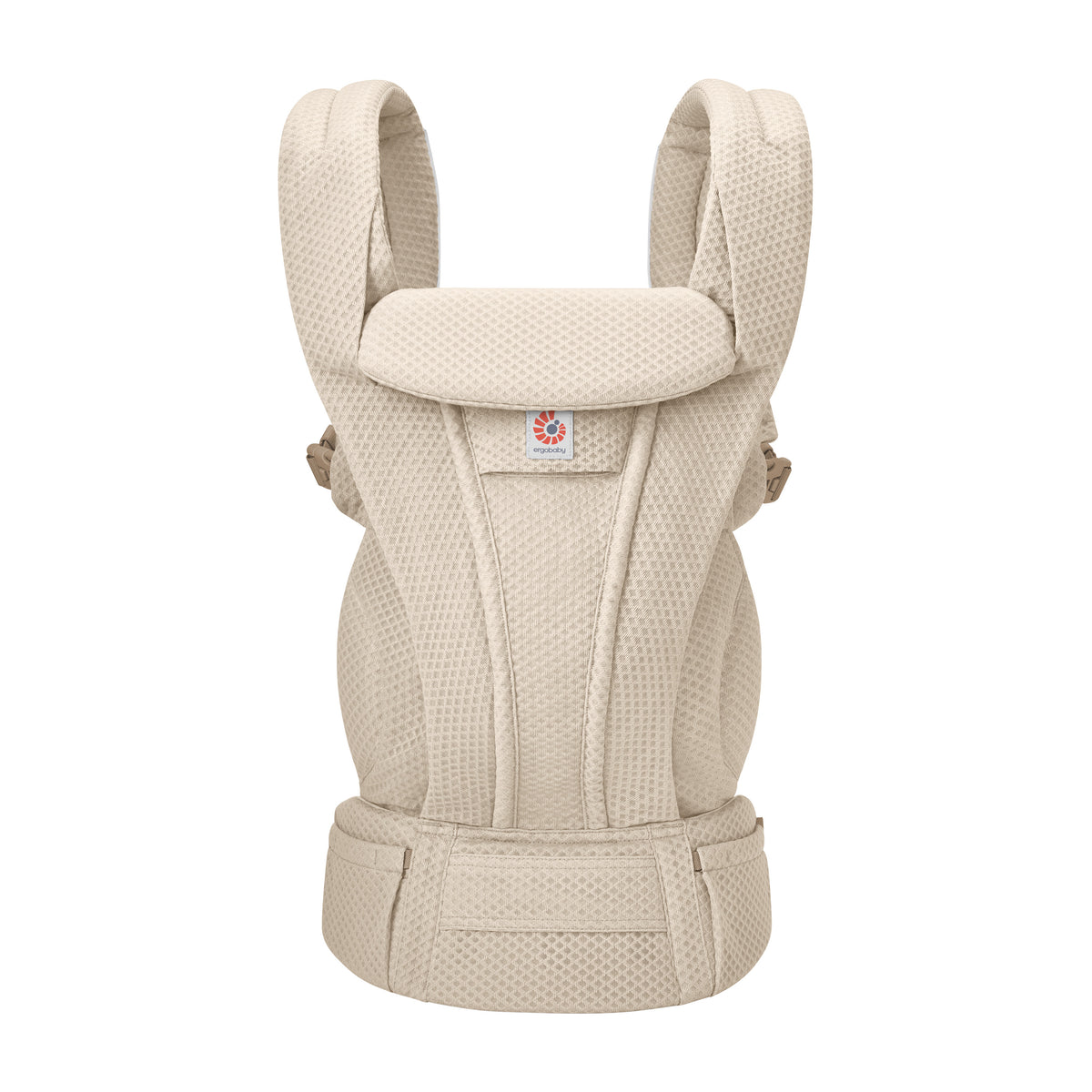 A beige baby carrier on a white background. 