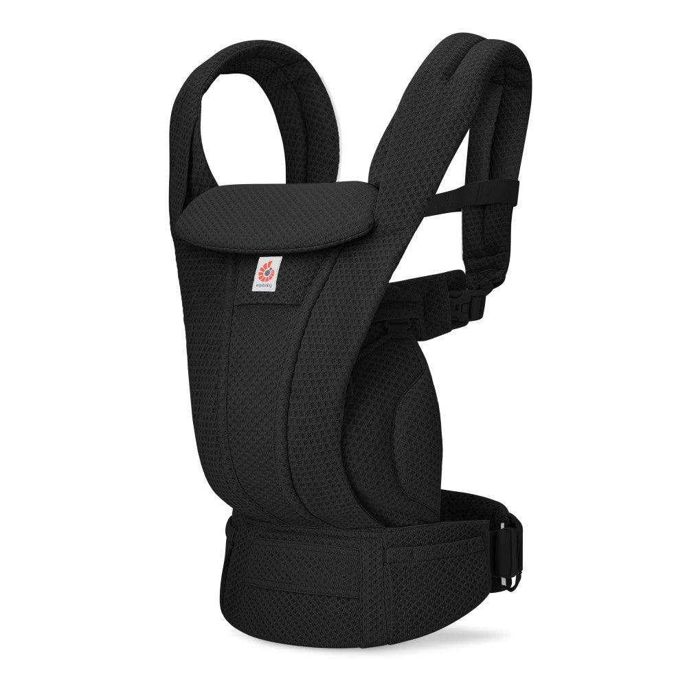 Black baby carrier with a visible brand logo on a white background