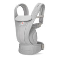 A light gray mesh baby carrier shown from a three-quarter angle against a plain white background.