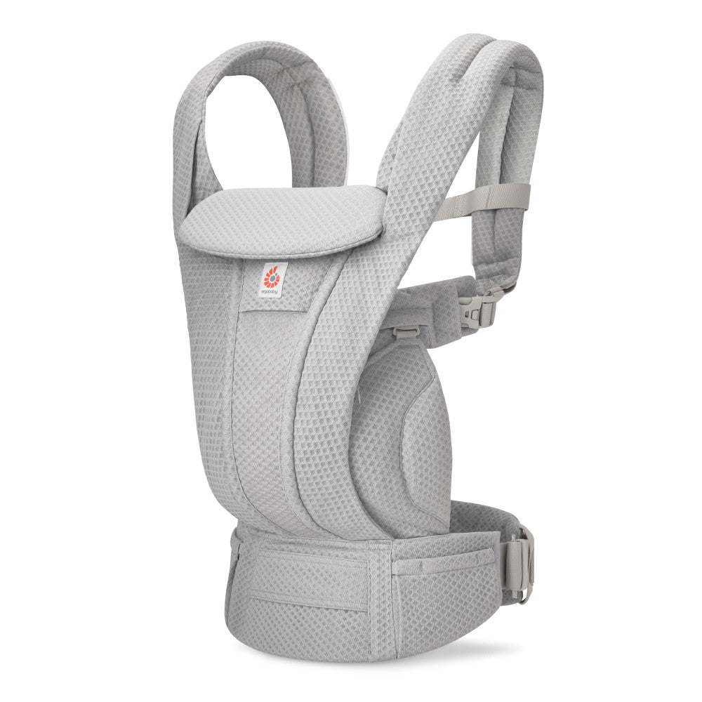A light gray mesh baby carrier shown from a three-quarter angle against a plain white background.