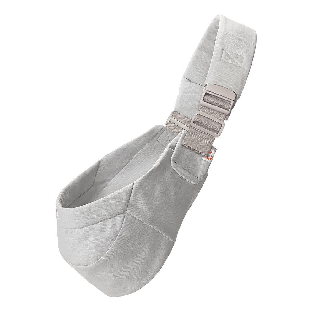 A light gray toddler hip carrier with an adjustable shoulder strap and buckle, shown against a plain white background.