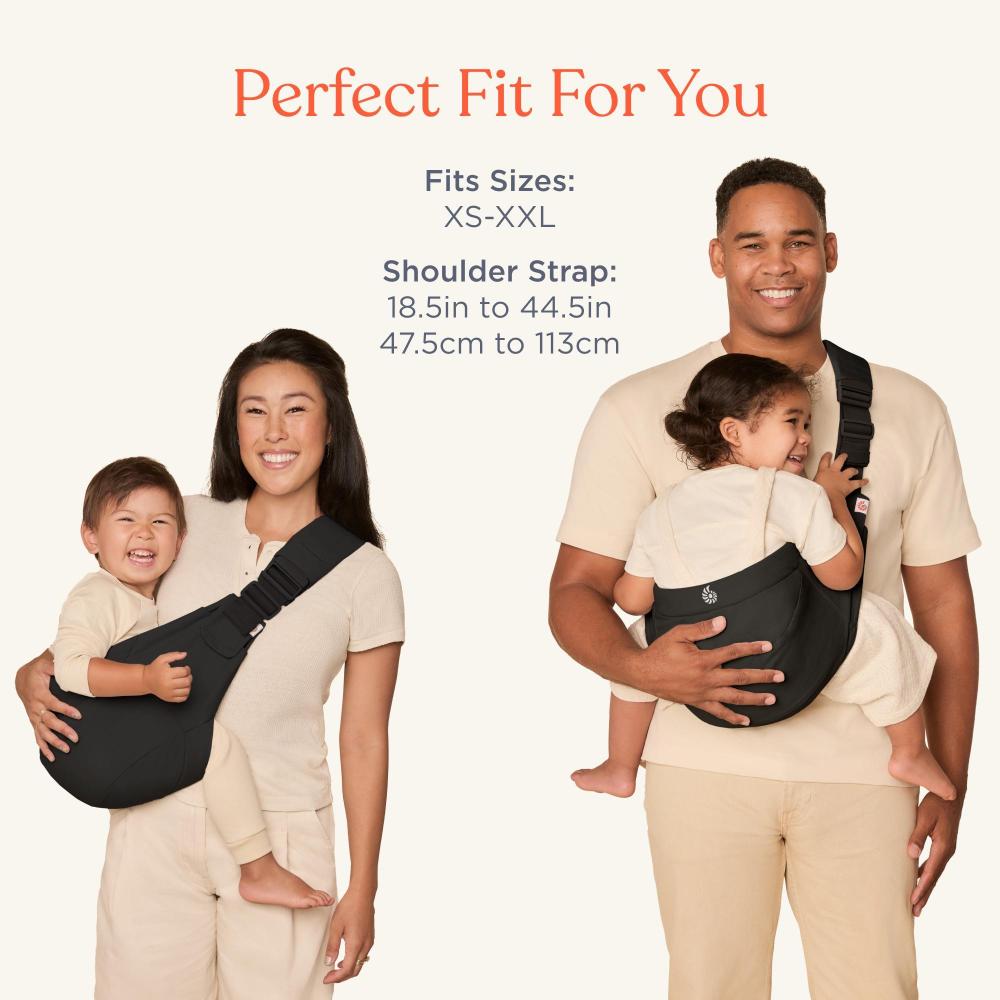 Two people using a baby carrier with text indicating size range and shoulder strap length.