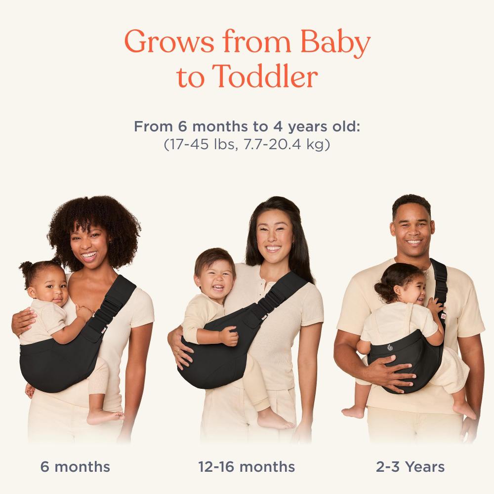 Three people using a baby carrier from 6 months to 4 years old, with text indicating weight range.