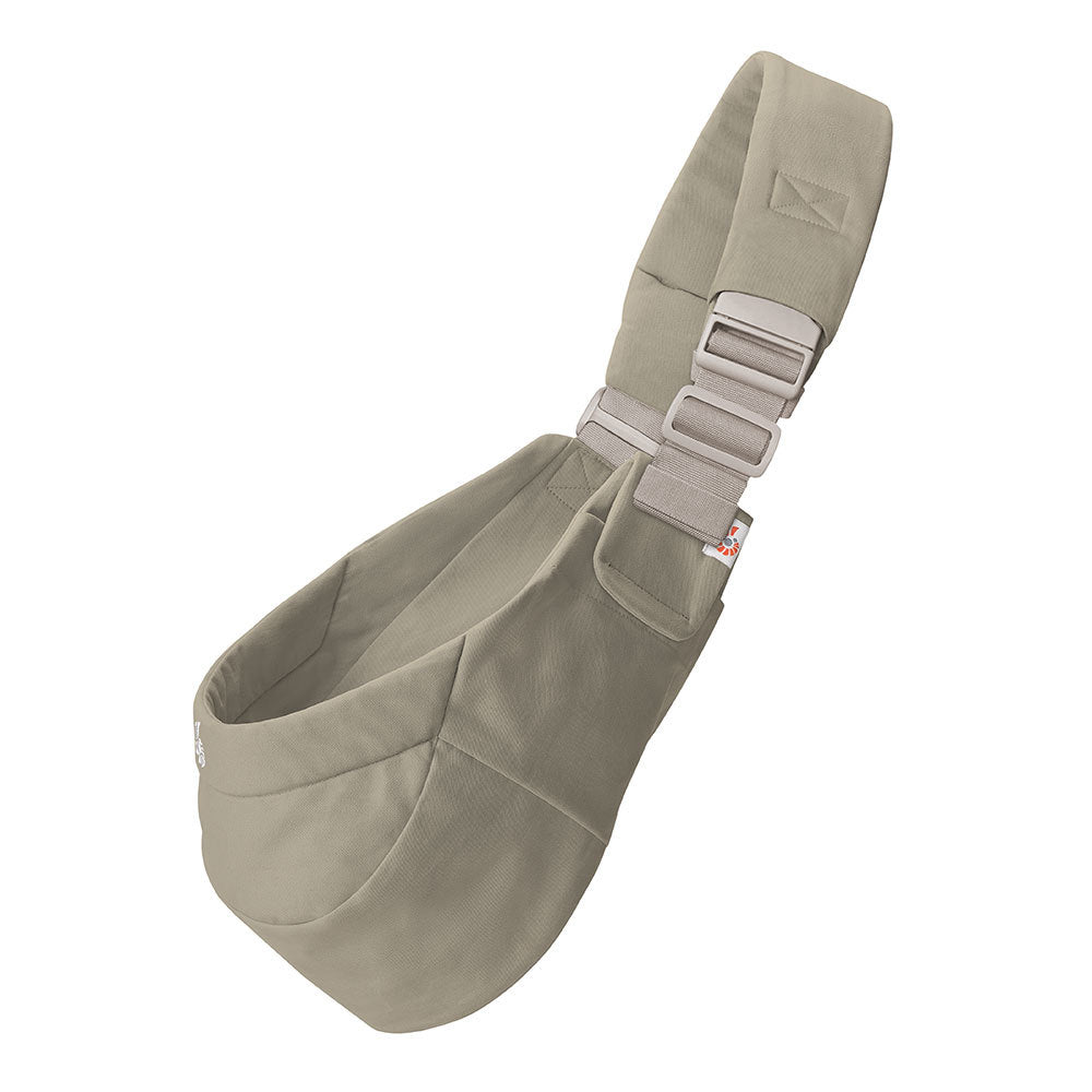 Olive green toddler hip carrier with a strap on a white background