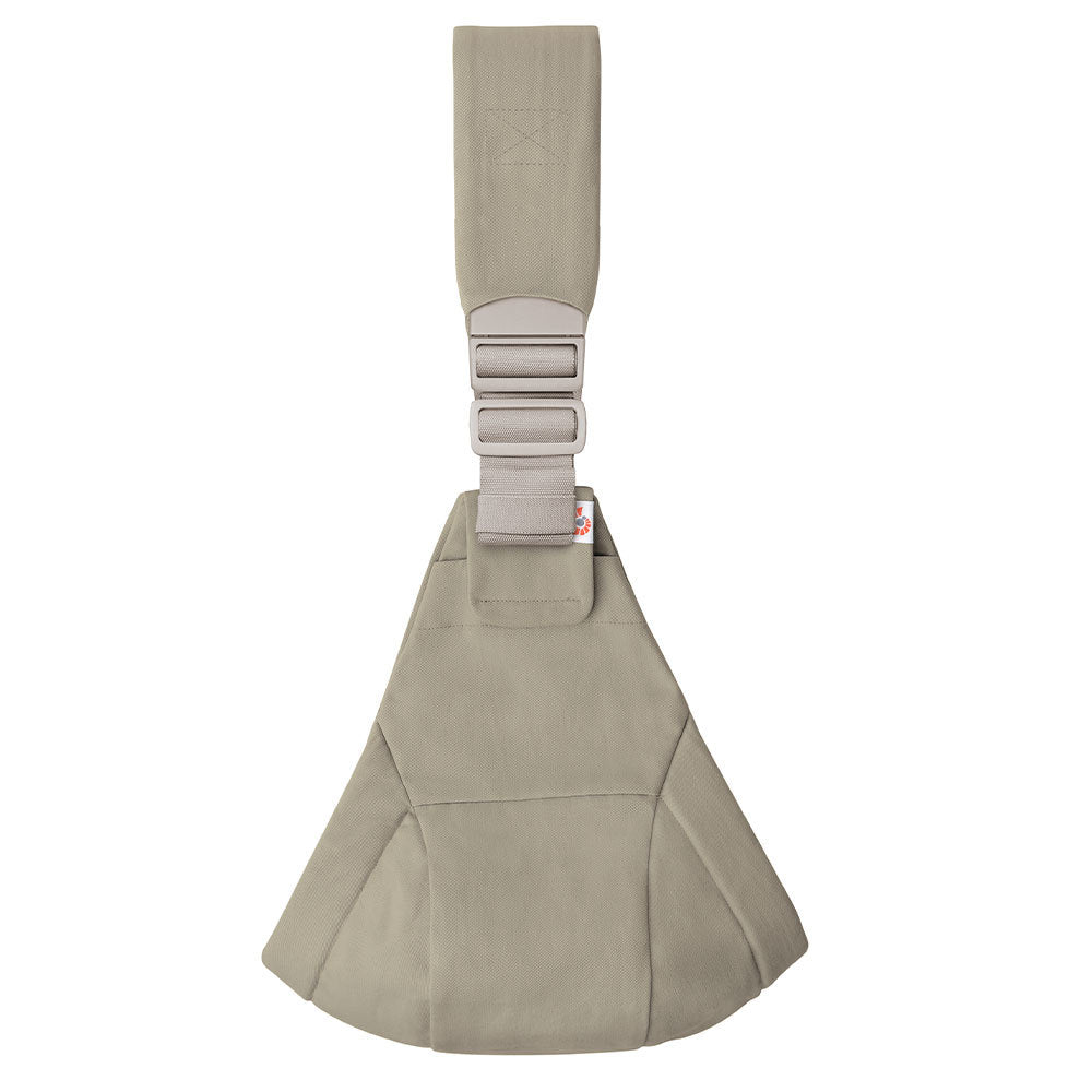 Olive green toddler hip carrier with a strap on a white background