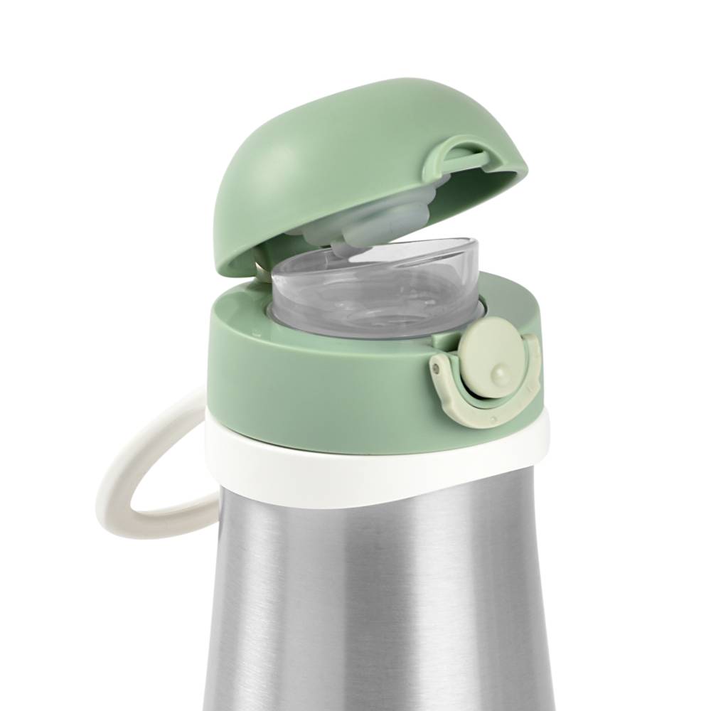 Green and white stainless steel bottle with a clear and green lid on a white background
