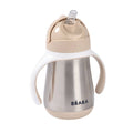 Children's stainless steel sippy cup with beige lid and white handle on a white background, featuring the BEABA brand.