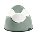A baby potty chair with a sage green body, shown on a plain white background.