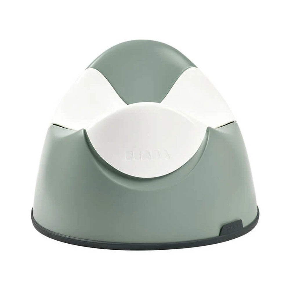A baby potty chair with a sage green body, shown on a plain white background.