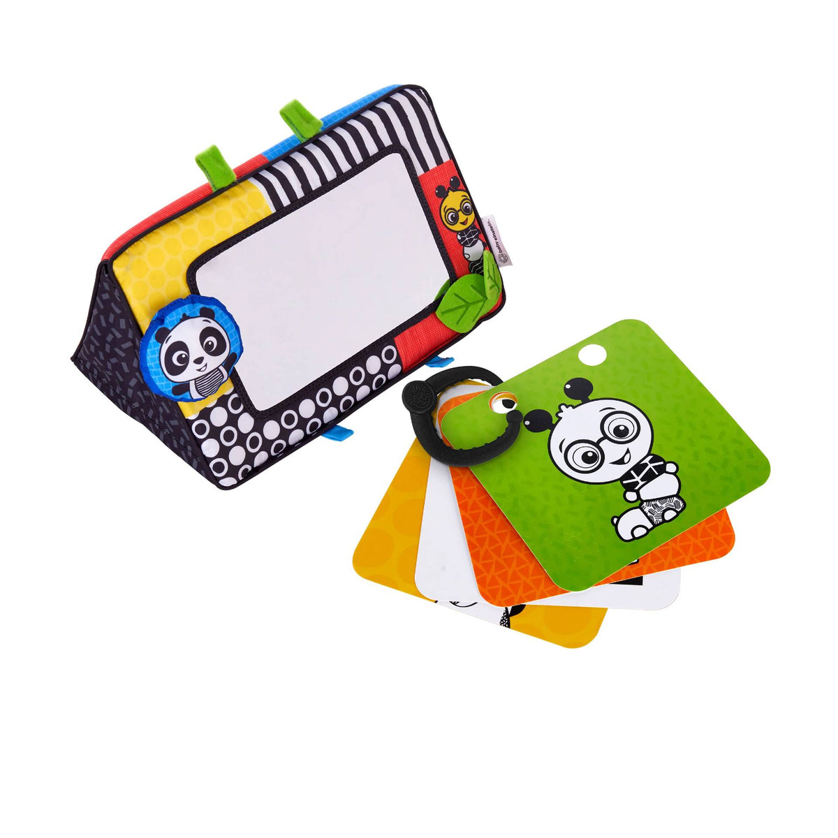 Tummy time toy with flash cards on a white background. 