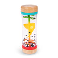 A colourful baby rattle on a white background. 
