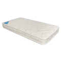 A quilted mattress in off-white with a diamond stitched pattern and a small blue triangular tag on one corner, shown on a plain white background.