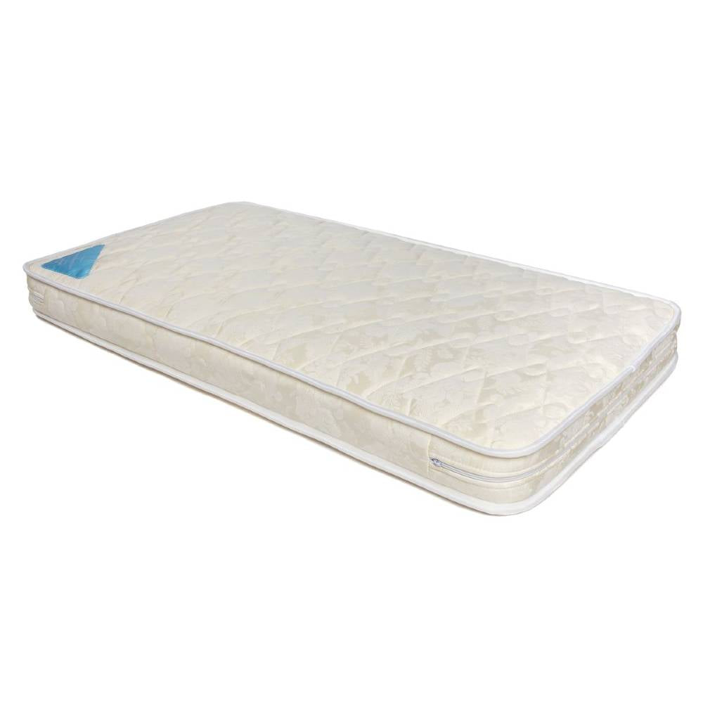 A quilted mattress in off-white with a diamond stitched pattern and a small blue triangular tag on one corner, shown on a plain white background.