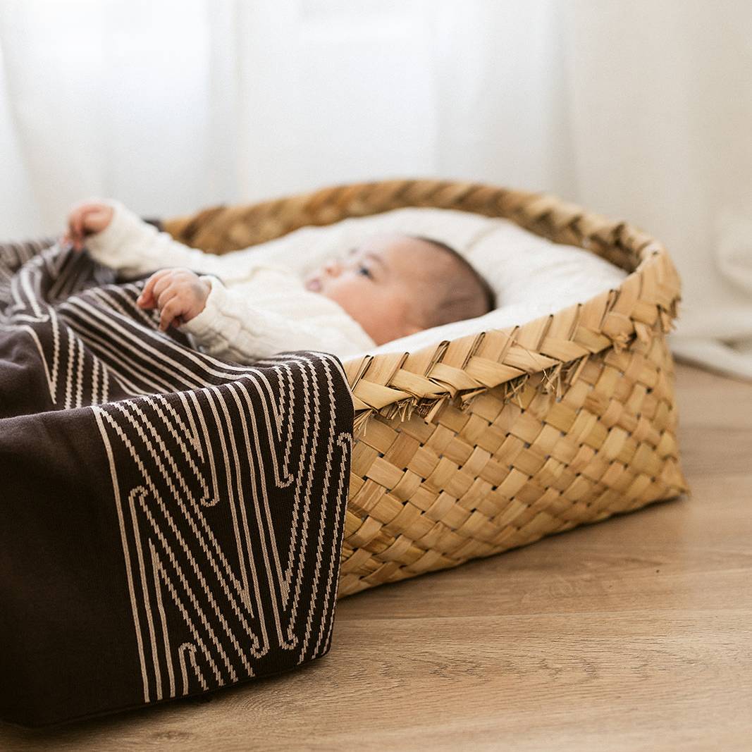 A baby lying in a bassinet with a brown blanket at the bottom covering the basket. 