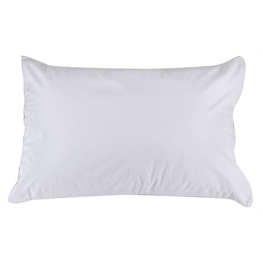 A plain white rectangular pillow shown with white waterproof toweling protector against a solid white background.