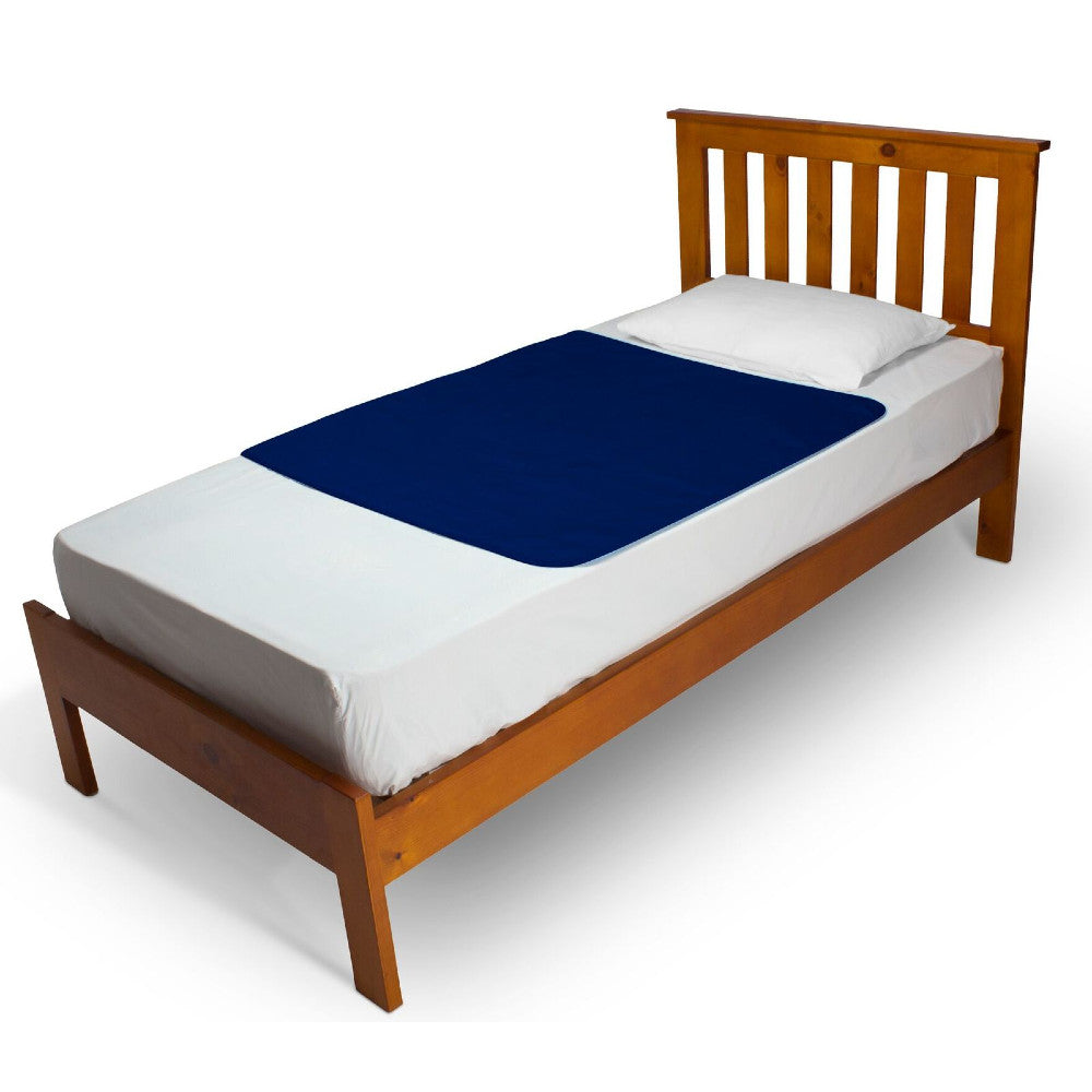 A wooden single bed frame with a slatted headboard shown with white bedding and a dark blue brolly sheet bed pad on a plain white background.