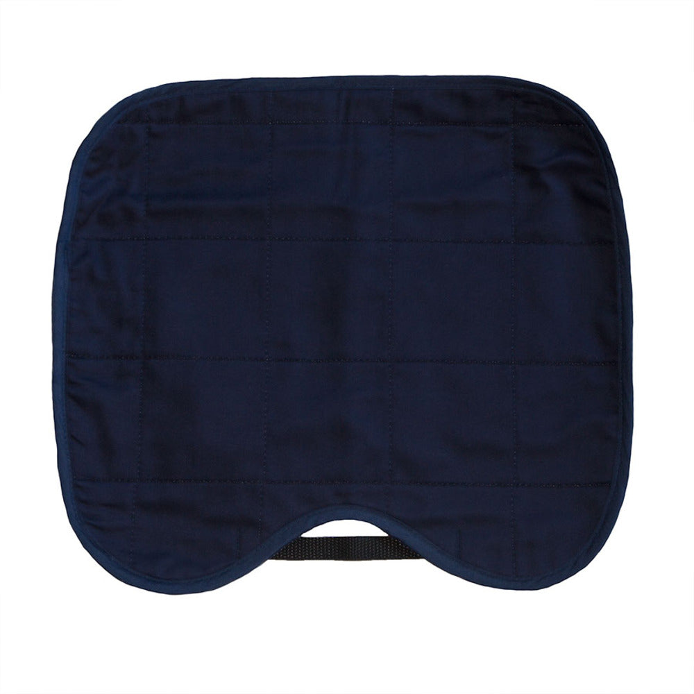 A dark navy blue quilted fabric car seat protector pad with rounded corners and a curved bottom edge, shown flat against a plain white background.