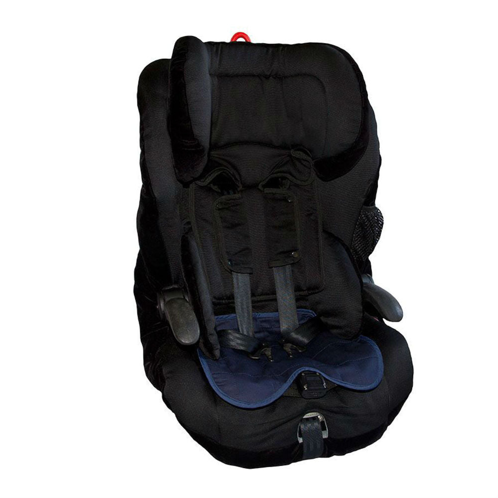 Black child car seat with navy blue brolly sheet protector on a white background