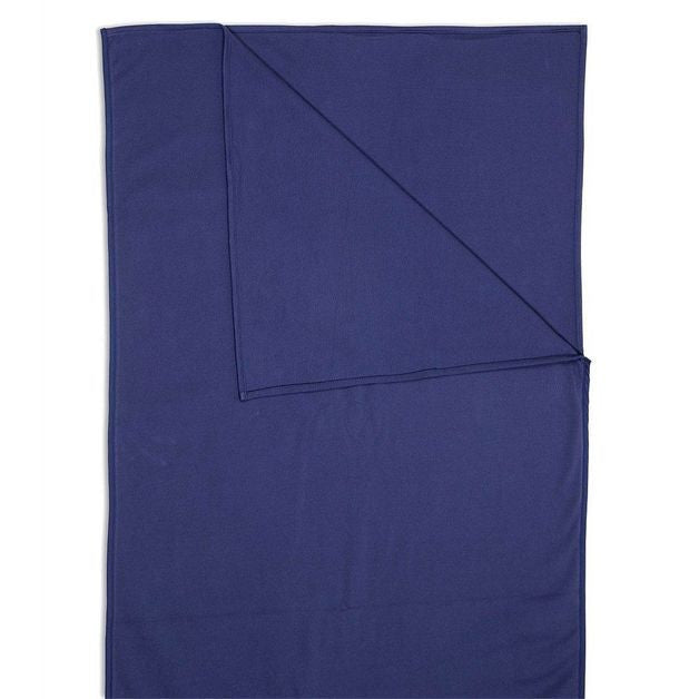 A navy blue waterproof sleeping bag liner folded in the corner and laid flat against a white background.