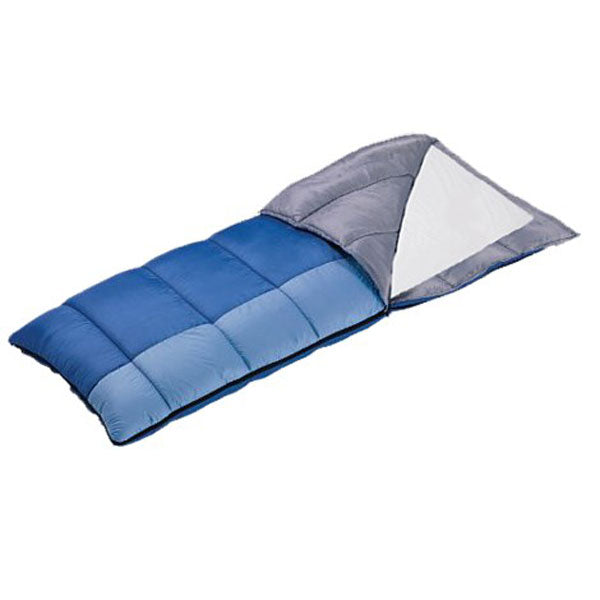 A blue and gray sleeping bag with a brolly sheet white inner lining, shown partially unzipped on a plain white background.