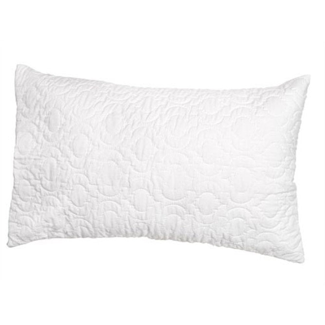 A white rectangular pillow with a quilted circular patterned pillowcase from brolly sheets, shown against a plain white background.