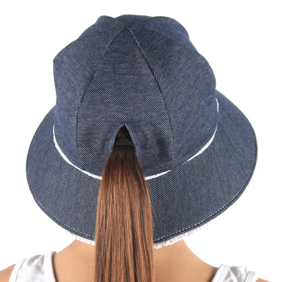 Ruffle Ponytail Bucket Sun Hat - Denim