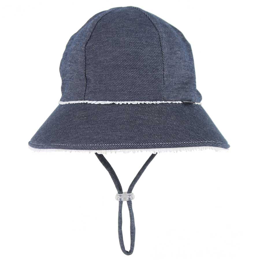 Ruffle Ponytail Bucket Sun Hat - Denim on a white background