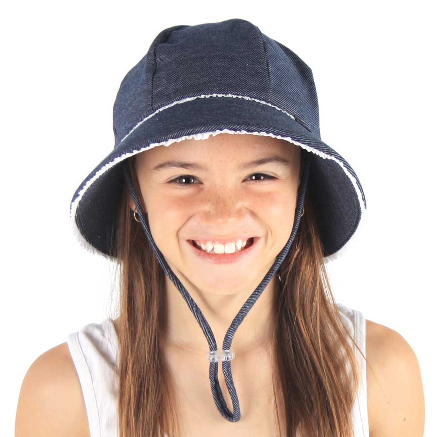 Ruffle Ponytail Bucket Sun Hat - Denim