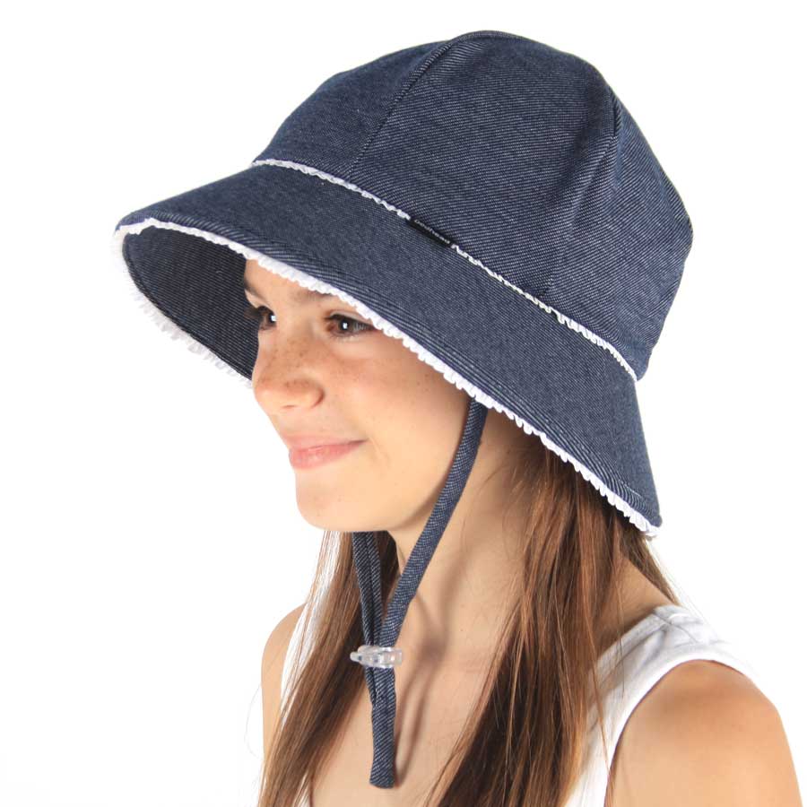 Ruffle Ponytail Bucket Sun Hat - Denim