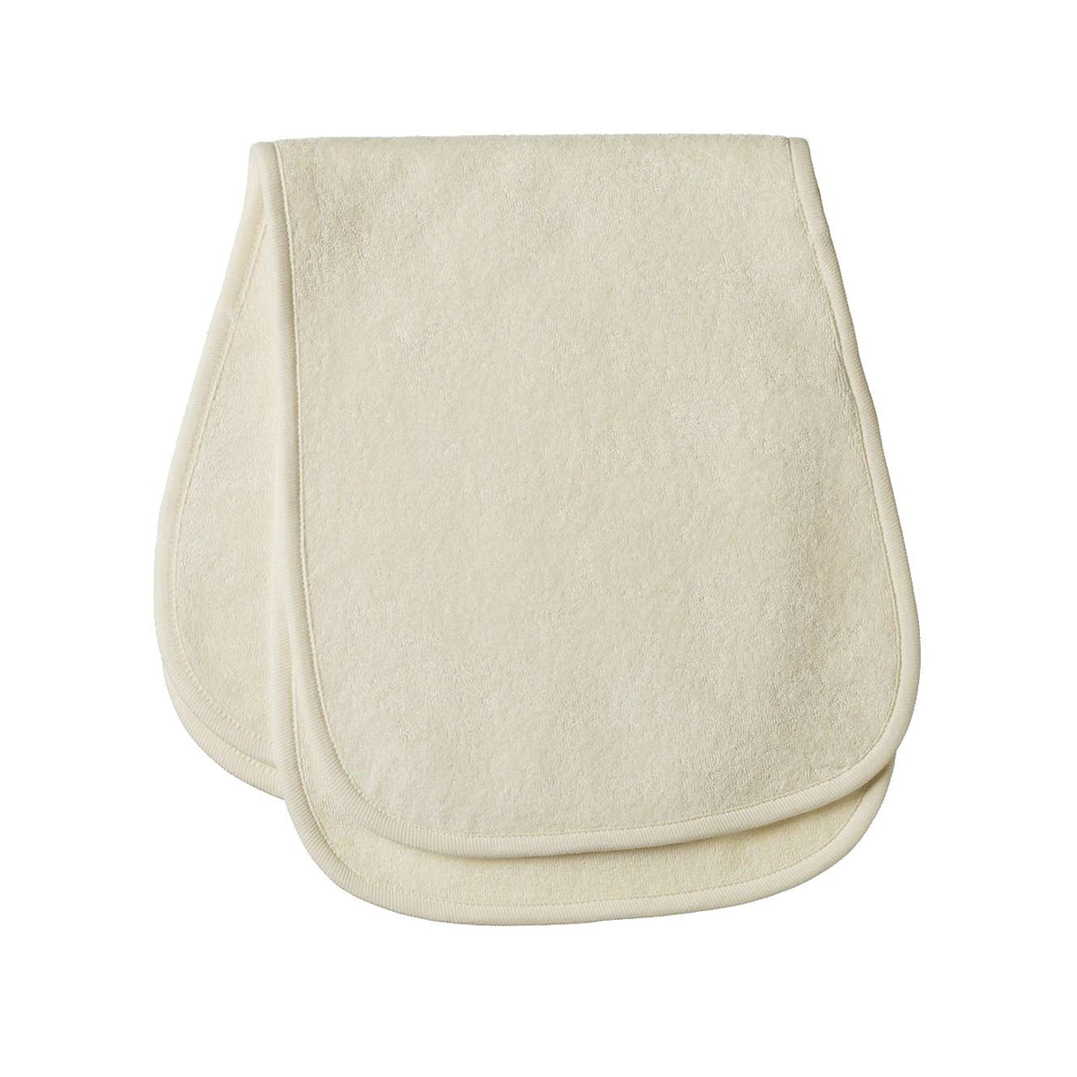 Two beige fabric towelling burp cloths on a white background