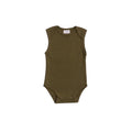 Green organic cotton sleeveless baby bodysuit on a white background