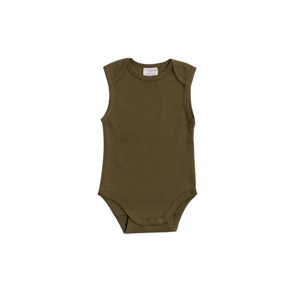 Green organic cotton sleeveless baby bodysuit on a white background