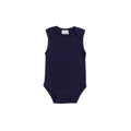 Navy blue organic cotton sleeveless baby bodysuit on a white background