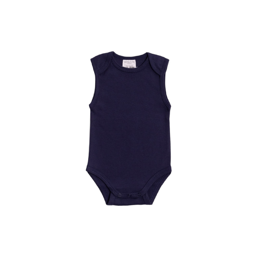 Navy blue organic cotton sleeveless baby bodysuit on a white background