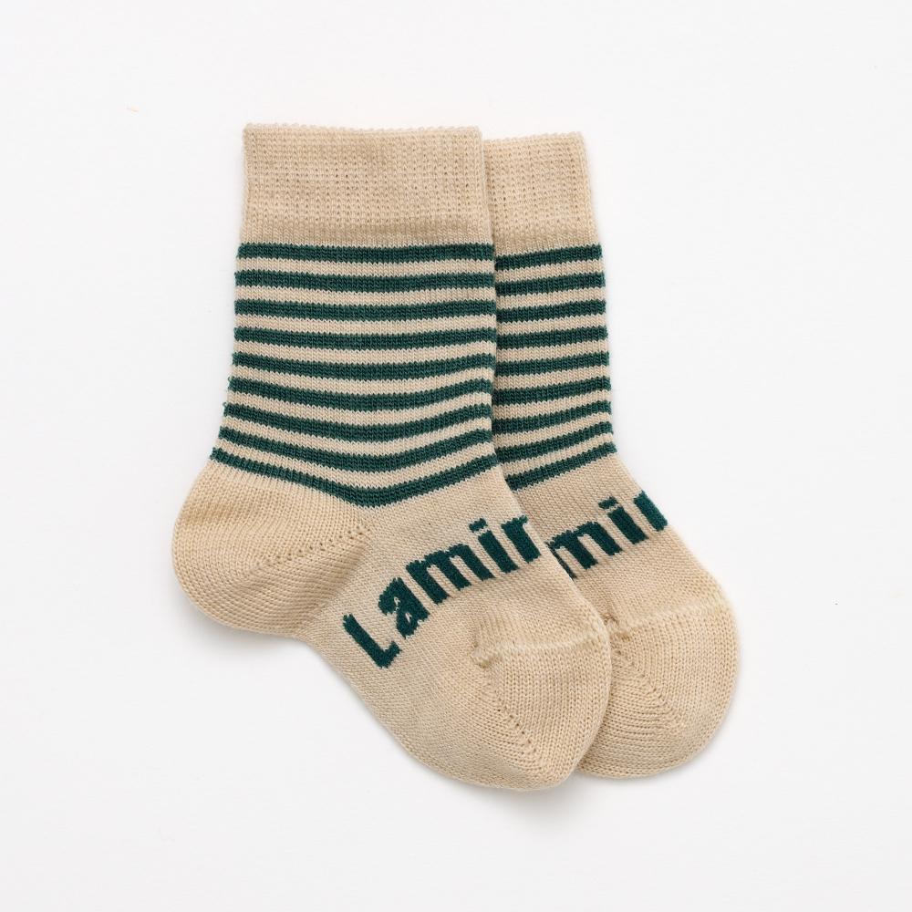 Green stripe on cream  Crew Merino Socks on a white background