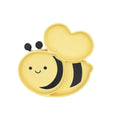 Yellow bee-shaped silicone divided plate with yellow spots on a white background