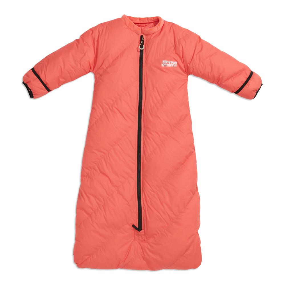 Coral sleeping bag with black zipper on a white background